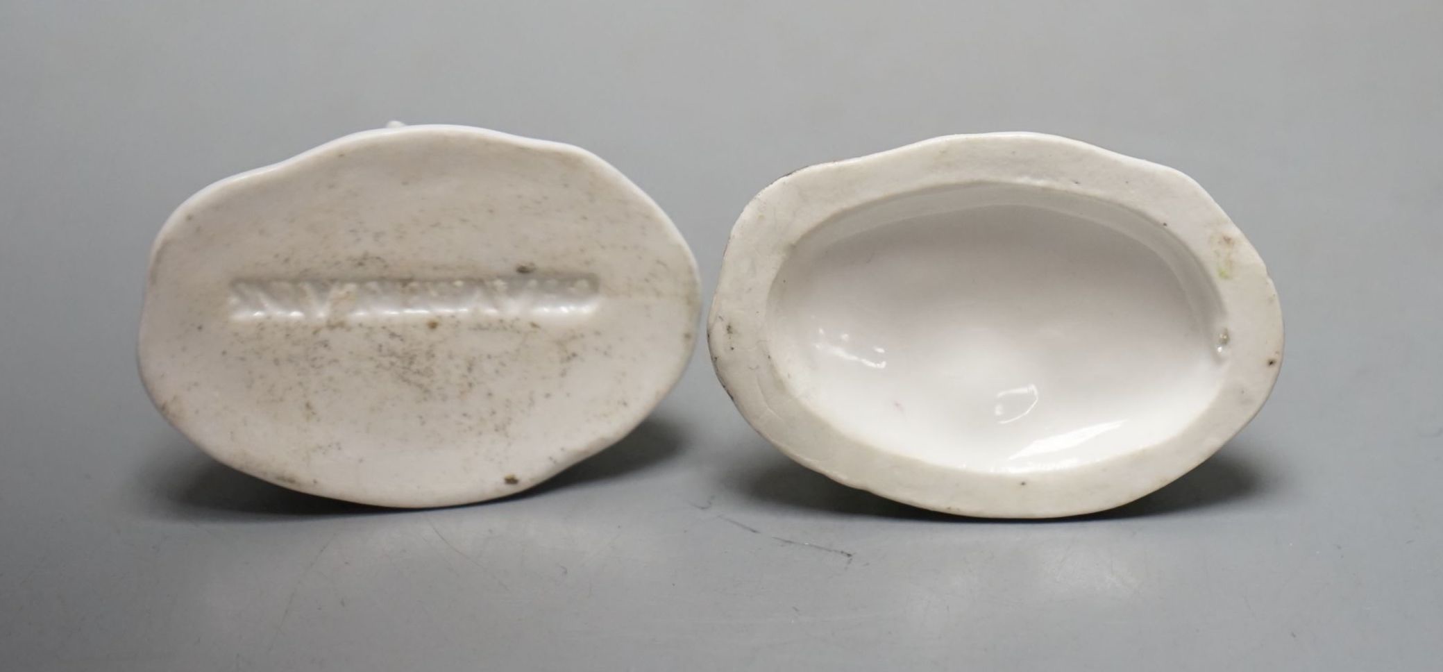Two Chamberlains porcelain toy models of a pointer, c.1847-52, one with leaf moulded flat base, impressed CHAMBERLAINS, the other with plain concave base and unmarked, cf. Dennis G.Rice, Dogs in English porcelain, colour